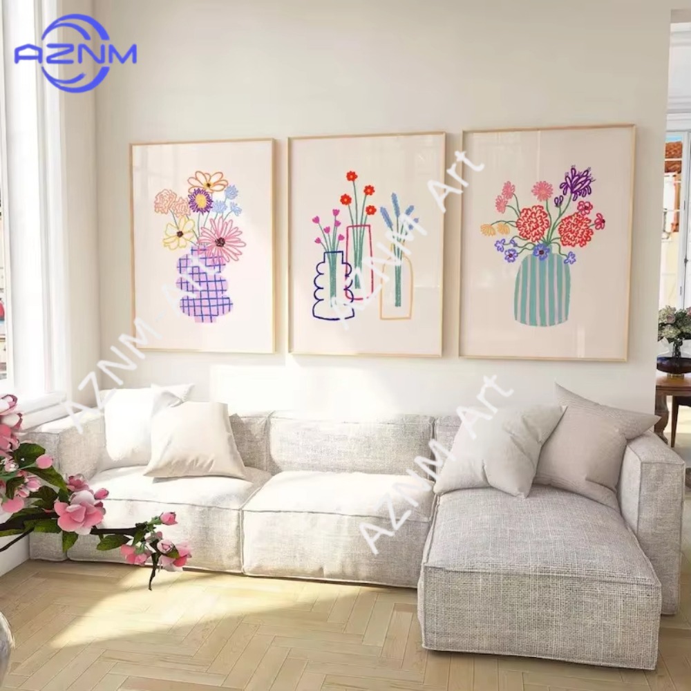 Home Cinema Wall Art - 1/3 ชิ้น ภาพวาดแจกันดอกไม้แบบนามธรรม โปสเตอร์ช่อดอกไม้สีพาสเทล ภาพวาดบนผ้าใบตลาดดอกไม้สไตล์เรโทร สำหรับตกแต่งผนังห้องและบ้าน