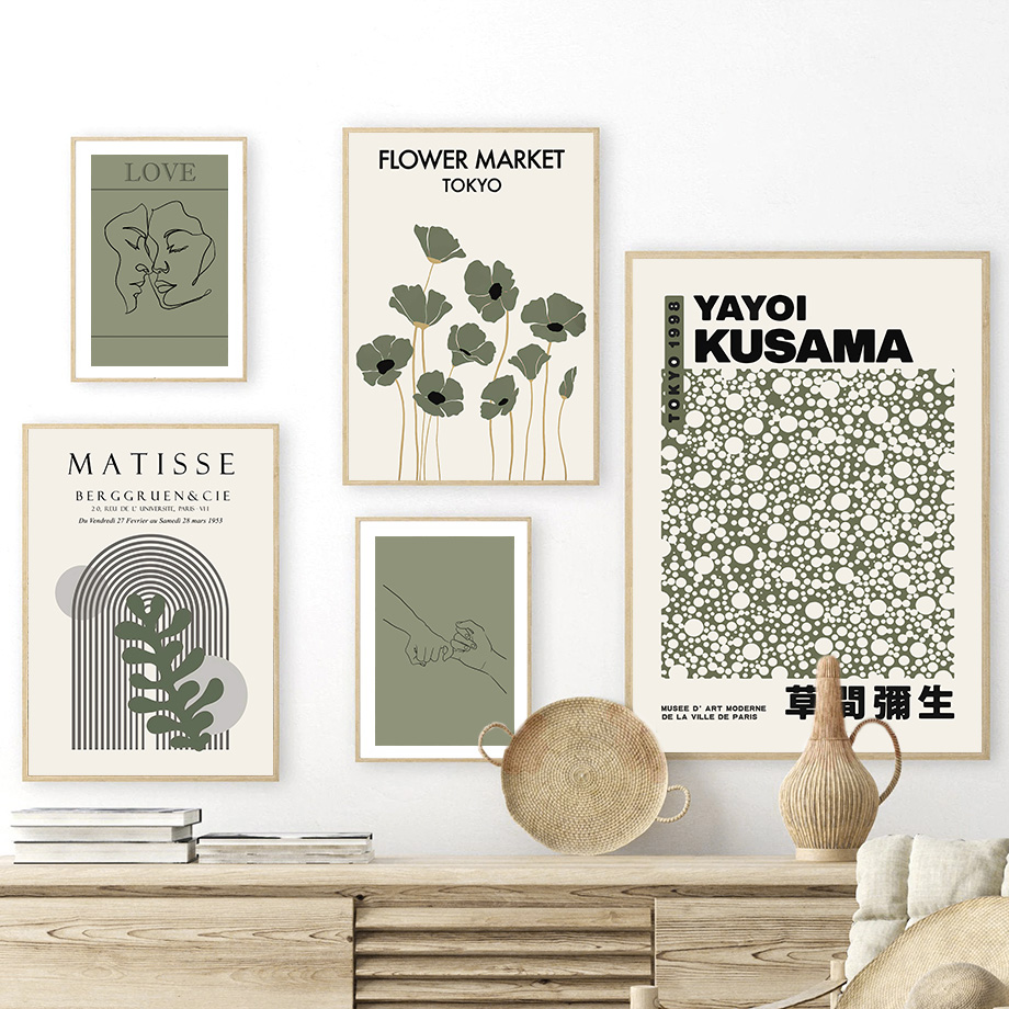 Home Cinema Wall Art - สีเขียวเซจ ยาโยอิ คุซามะ มาติส ภาพวาดดอกไม้บนผืนผ้าใบ ศิลปะติดผนัง