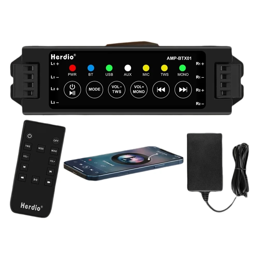 Home Cinema Receiver - เครื่องขยายเสียงบลูทูธ 4 ช่อง Herdio พร้อมรีโมทคอนโทรล สำหรับลำโพงติดผนัง/เพดานในห้องน้ำ