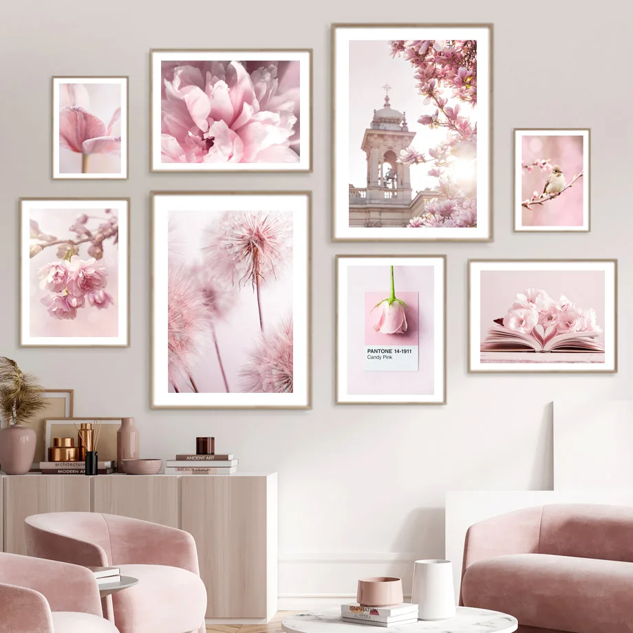 Home Cinema Wall Art - ฤดูใบไม้ผลิสีชมพู Rose Peony SAKURA Dandelion Orchid