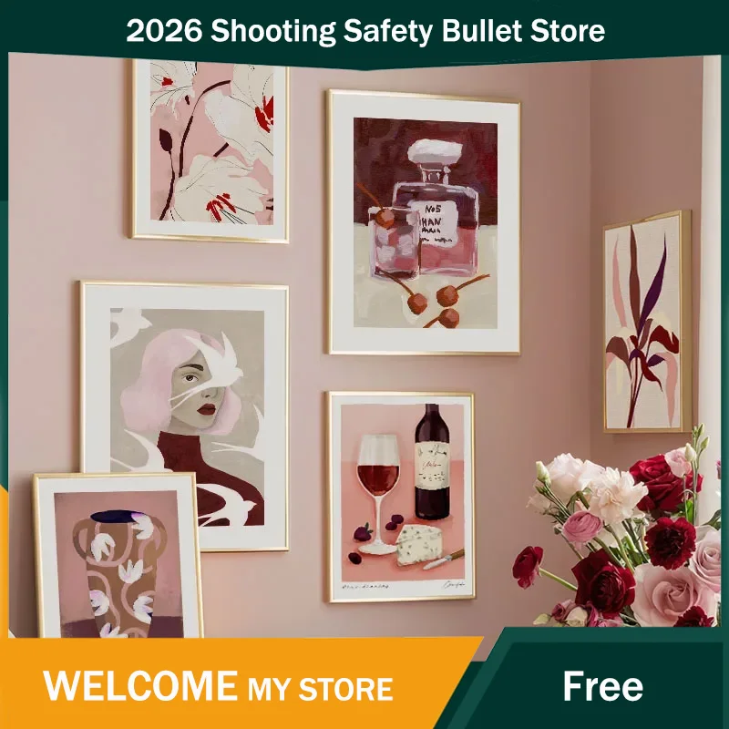 Home Cinema Wall Art - โปสเตอร์และภาพพิมพ์ลายเส้นสีแดง สาวน้อย ดอกไม้ นก ไวน์แดง ภาพนามธรรม