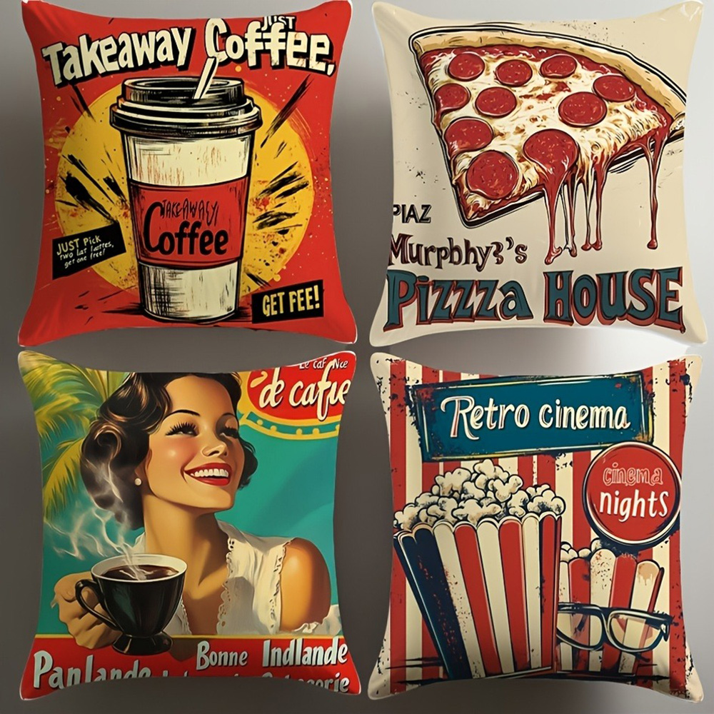 Home Cinema Inspiration - ปลอกหมอนอิงสไตล์วินเทจ: ลายกาแฟ พิซซ่า โรงภาพยนตร์ย้อนยุค และคาเฟ่ สำหรับตกแต่งบ้านอย่างไม่ซ้ำใคร