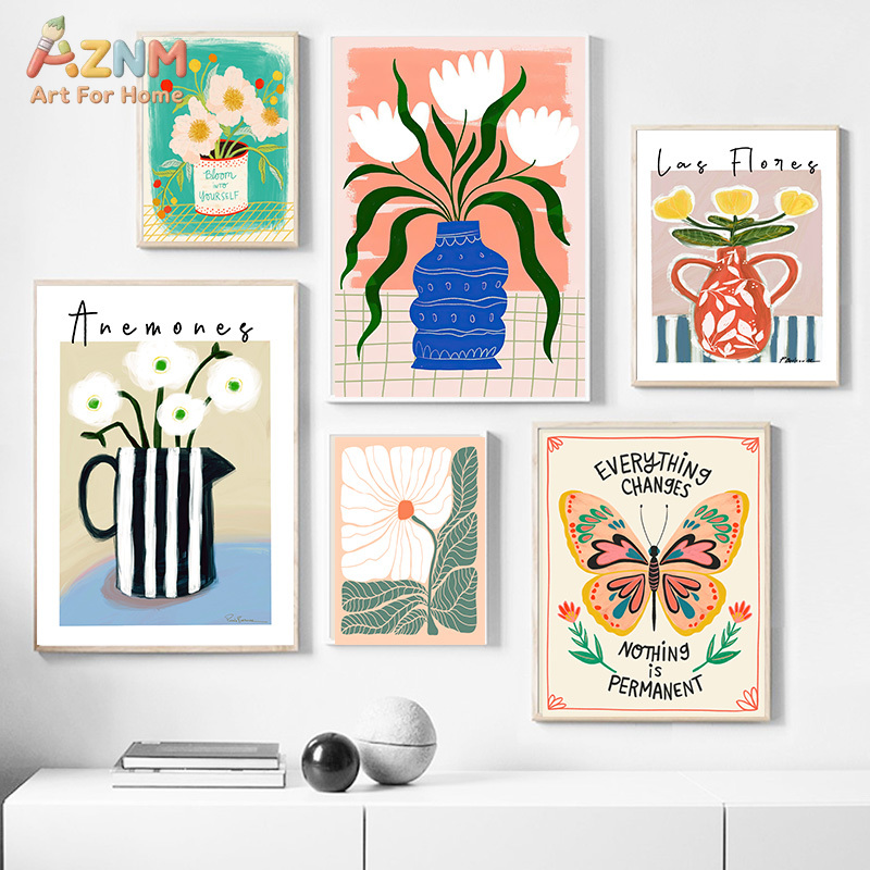 Home Cinema Wall Art - AZNM ภาพวาดบนผ้าใบลายดอกไม้สไตล์โบโฮ แจกันดอกไม้แบบนามธรรม ผีเสื้อ คำพูดสร้างแรงบันดาลใจ ภาพวาดสีสันสดใสวาดด้วยมือ