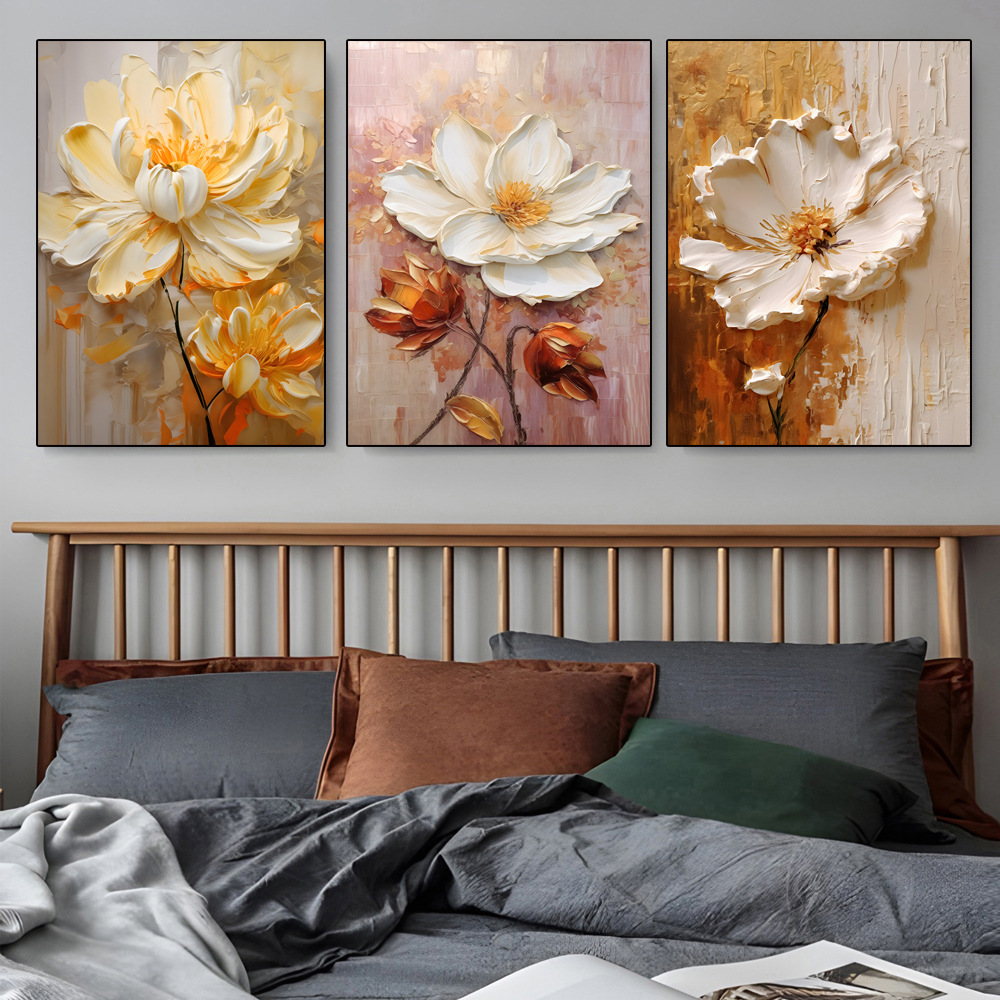 Home Cinema Wall Art - ภาพพิมพ์บนผ้าใบลายดอกไม้สุดหรู, ภาพศิลปะติดผนังลายดอกโบตั๋นสีขาวทอง, โปสเตอร์ดอกไม้แบบนามธรรมสมัยใหม่ไม่มีกรอบ